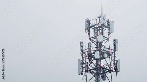 Sharp and detailed photo of a telecommunication tower with 5G antennas, isolated on a white background, in 32k UHD with focus stacking, highlighting every element with precision