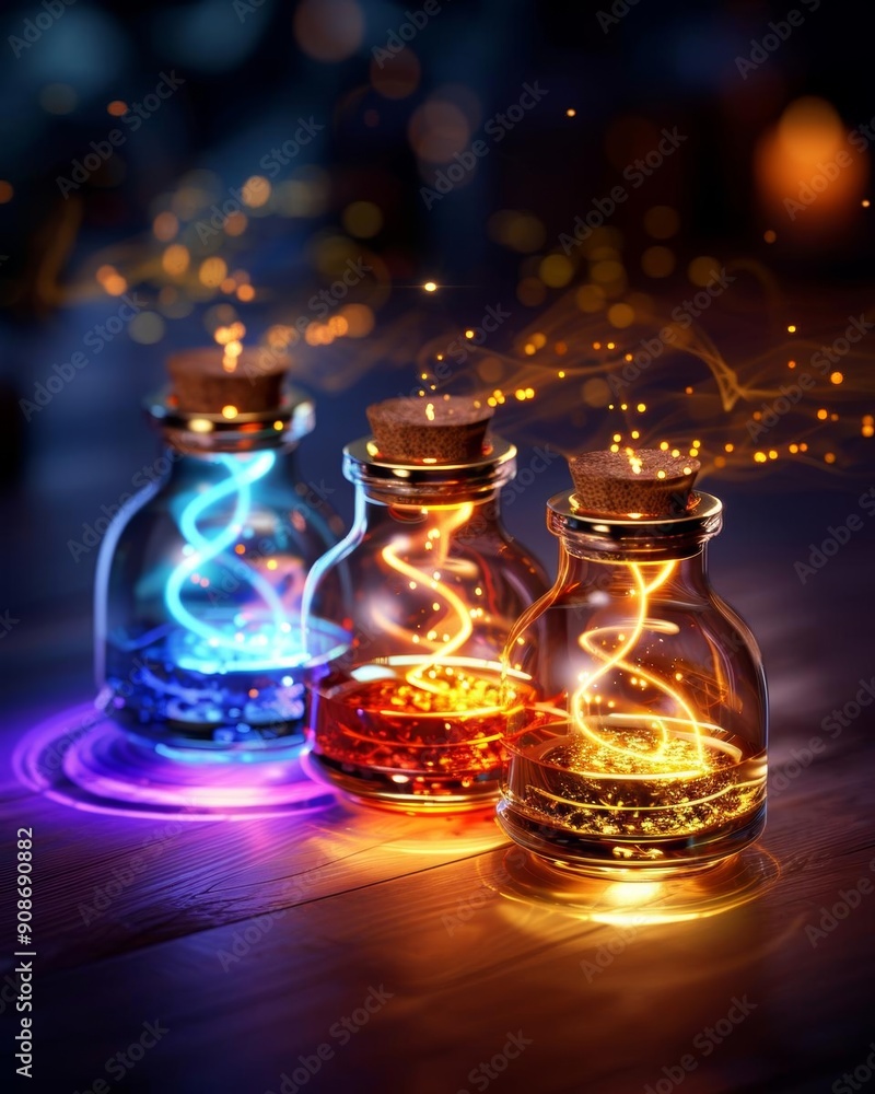 Three glass bottles filled with glowing liquid, emitting light on a wooden surface. A magical potion concept. Three glass bottles filled with glowing liquid, emitting light on a wooden surface. A magical potion concept.