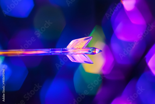 Illusory arrow transparent and spectral hovering in a surreal, mystical atmosphere.