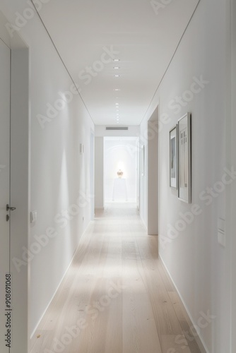 Minimalistic Scandinavian Corridor. A sleek, white hallway with clean lines and minimal decoration. Light wood flooring and simple, modern light fixtures create an airy, open feel.