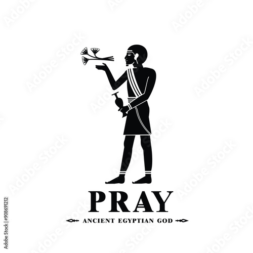 Silhouette of an ancient Egyptian pray, an illustration of a person on a papyrus painting and a pyramid wall of the hieroglyphic culture