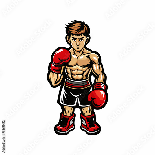 A young boxer with boxing equipment for training and five.