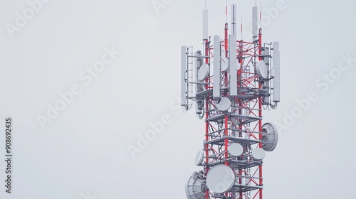 Detailed shot of a telecommunication tower featuring 5G mobile internet antennas, isolated on a clean white background, in 32k UHD with focus stacking, emphasizing high clarity
