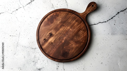 Round Wooden Cutting Board on White Marble Background