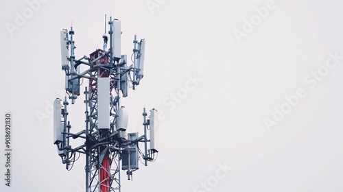 Detailed shot of a telecommunication tower featuring 5G mobile internet antennas, isolated on a clean white background, in 32k UHD with focus stacking, emphasizing high clarity