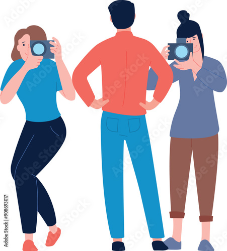 Reporters shooting man photos. Female professional photographers