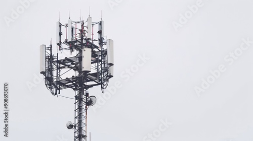 Isolated image of a telecommunication tower equipped with 5G cellular antennas, photographed in 32k UHD with focus stacking, showcasing sharp details and clarity on a white background