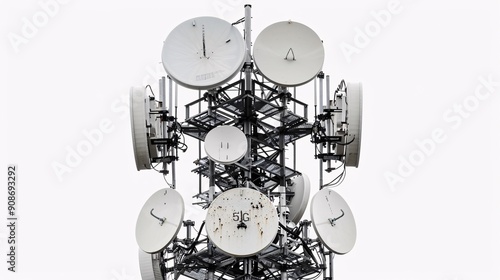 High-definition photo of a telecommunication tower with 5G antennas, isolated on a white background, captured in 32k UHD with focus stacking, highlighting intricate details and precision