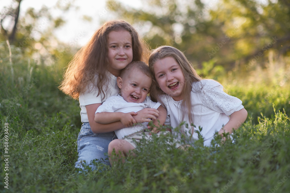 Three cheerful and happy children brouther and sisters are enjoying a playful and delightful moment in a sunlit grass field full of joy. Three cheerful and happy children brouther and sisters are enjoying a playful and delightful moment in a sunlit grass field full of joy.