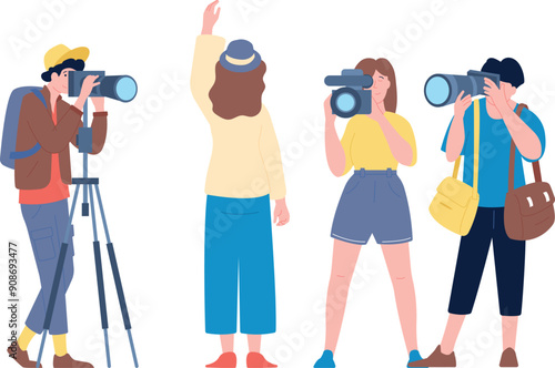 Operator shooting woman reporter. Professional journalist work