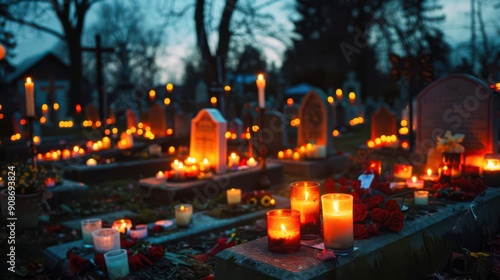 A solemn and traditional scene of lit candles in a cemetery with graves and tombstones. A calm and reflective image about transience.