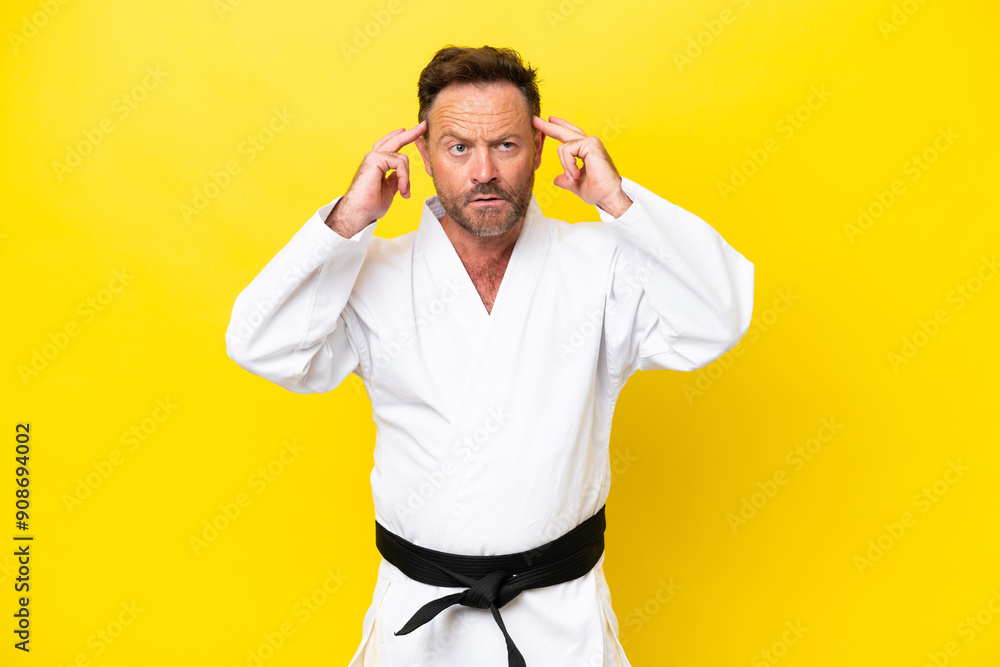 Middle age caucasian man doing karate isolated on yellow background having doubts and thinking Middle age caucasian man doing karate isolated on yellow background having doubts and thinking