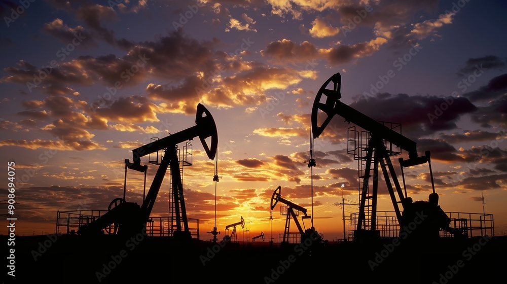 Twilight silhouette of oil pumps in a realistic setting within the oil industry scene Twilight silhouette of oil pumps in a realistic setting within the oil industry scene