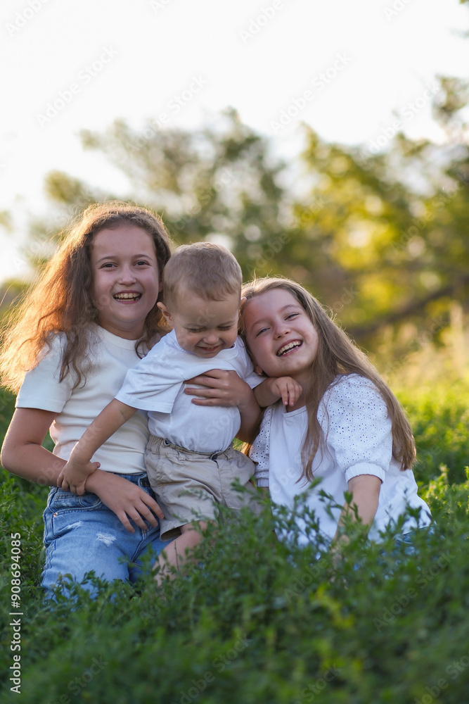 Three cheerful and happy children brouther and sisters are enjoying a playful and delightful moment in a sunlit grass field full of joy. Three cheerful and happy children brouther and sisters are enjoying a playful and delightful moment in a sunlit grass field full of joy.