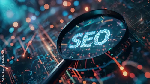 SEO sign glowing through a magnifying glass over a vibrant pulsing circuit board. Web analytics and keywords research in search engine optimization and digital marketing concept.