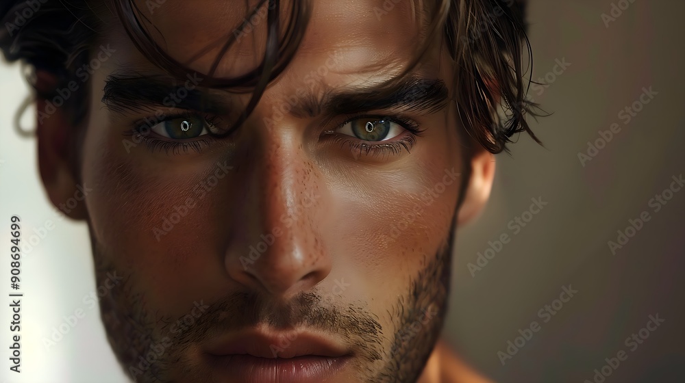 Close-Up Portrait of a Handsome Young Man with Intense Green Eyes Close-Up Portrait of a Handsome Young Man with Intense Green Eyes