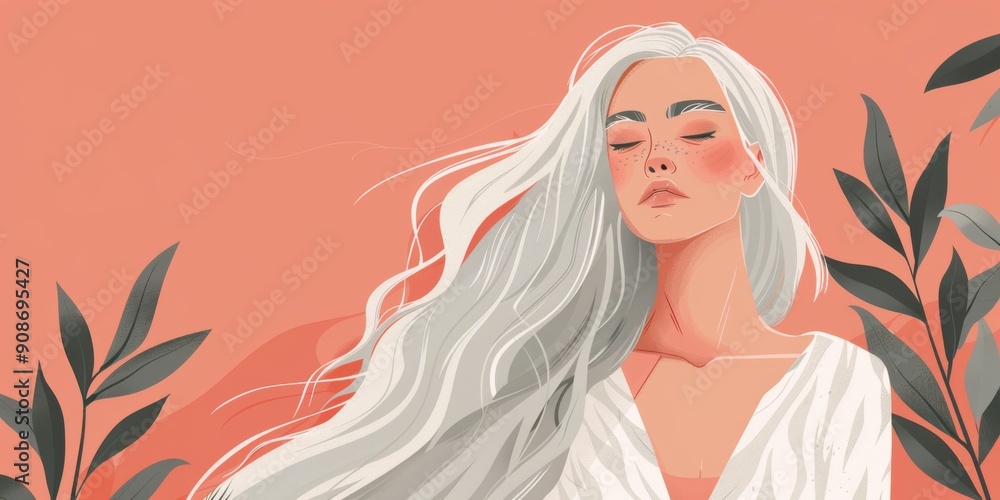 Chinese minimalism illustration, portrait of a pale-skinned woman with long silver hair styled in loose beach waves with a boho headscarf, wearing a casual blouse, flat illustration Chinese minimalism illustration, portrait of a pale-skinned woman with long silver hair styled in loose beach waves with a boho headscarf, wearing a casual blouse, flat illustration