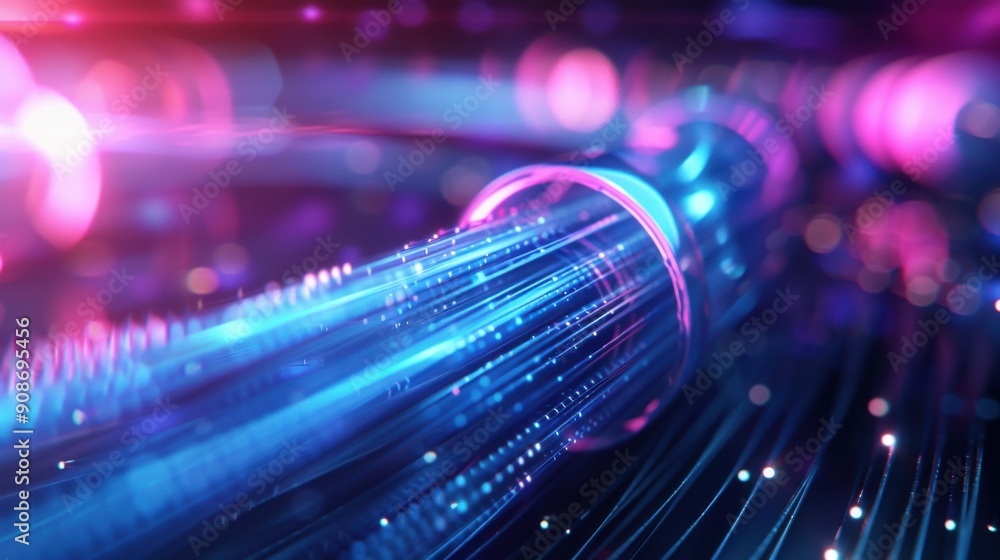 3D render of a network of fiber optic cables, glowing strands, neon lights, high detail, side view, scifi style, vibrant blue and purple hues, dynamic composition 3D render of a network of fiber optic cables, glowing strands, neon lights, high detail, side view, scifi style, vibrant blue and purple hues, dynamic composition