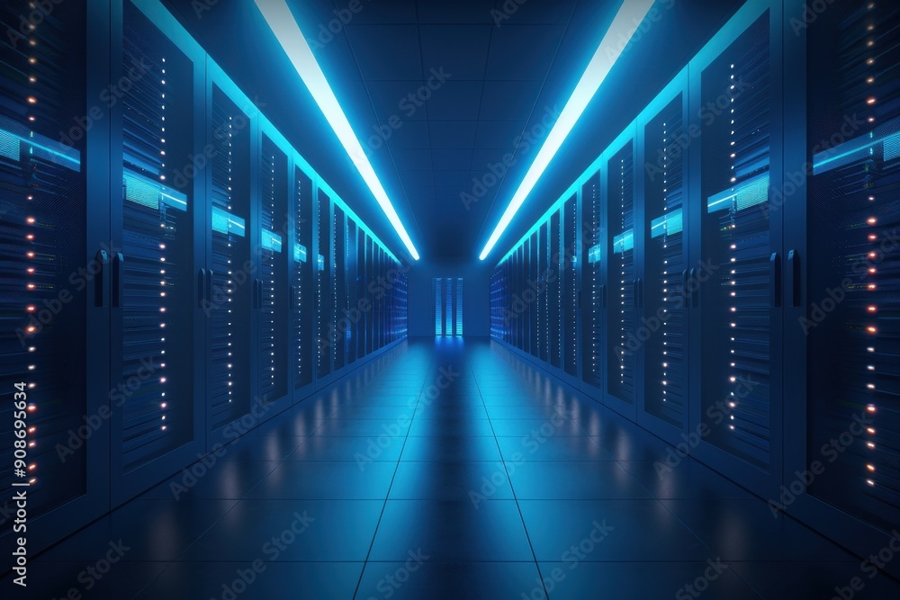 3D render of a highsecurity data center, server clusters, neonlit environment, high detail, panoramic view, techfuturistic style, dark setting, bright blue hues 3D render of a highsecurity data center, server clusters, neonlit environment, high detail, panoramic view, techfuturistic style, dark setting, bright blue hues