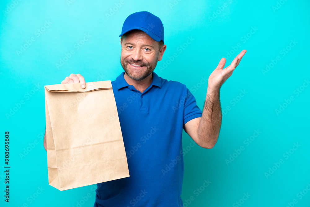 Middle age man taking a bag of takeaway food isolated on blue background extending hands to the side for inviting to come Middle age man taking a bag of takeaway food isolated on blue background extending hands to the side for inviting to come