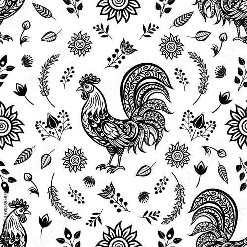 Seamless background vintage floral design with rooster