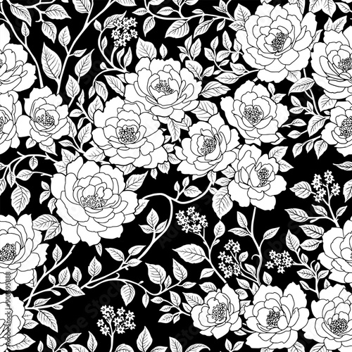 Floral Seamless Pattern of Roses Flowers and leaves in Chinoiserie style White Silhouettes on Black Background. Wallpaper Design for Textiles, Papers, Prints, Beauty Products.