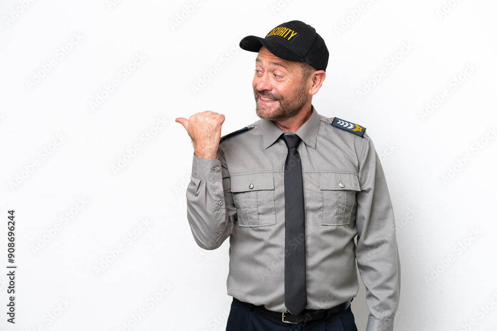 Middle age security man isolated on white background pointing to the side to present a product Middle age security man isolated on white background pointing to the side to present a product