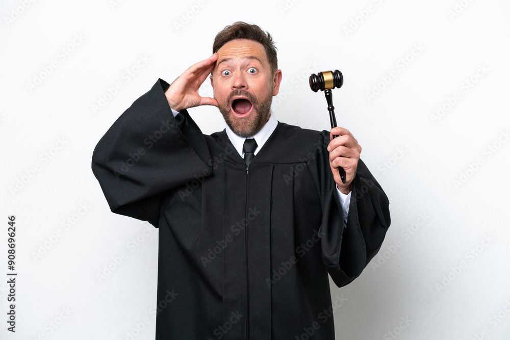 Middle age judge man isolated on white background with surprise expression
