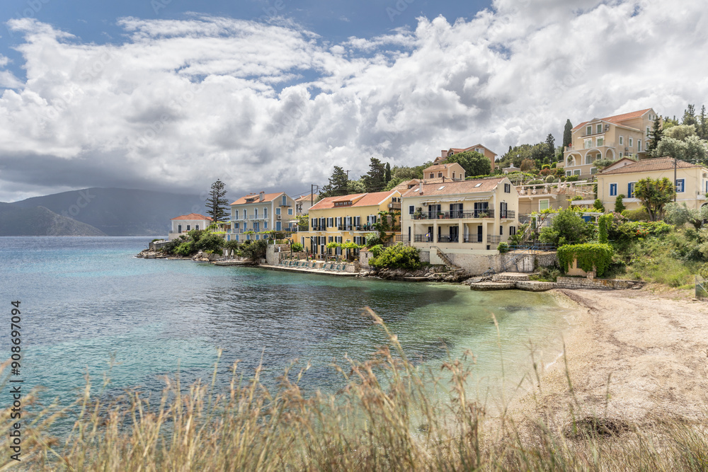 Fototapeta premium Cruise to Fiskardo Kefalonia Greek island, Ionian Sea near Preveza. Summer vacation. Cloudy sky and waves