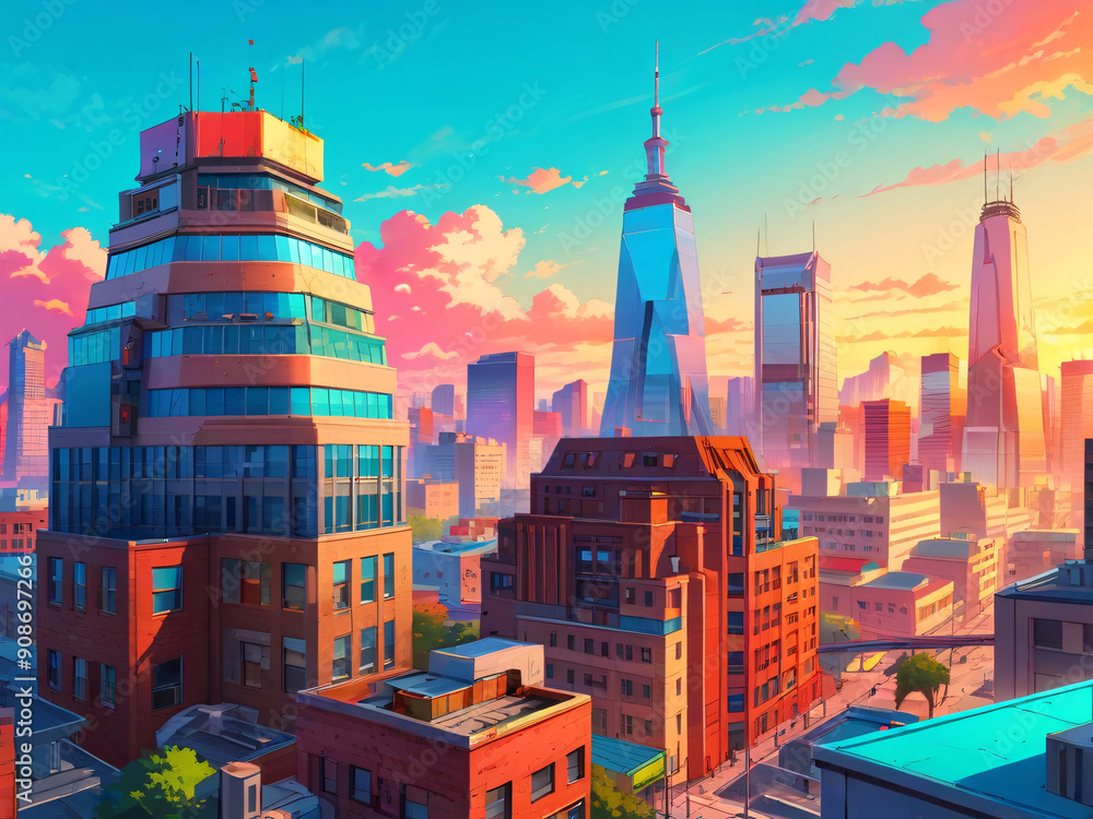Obraz premium Brightly colored vibrant illustration of a cartoon like style cityscape, modern city buildings