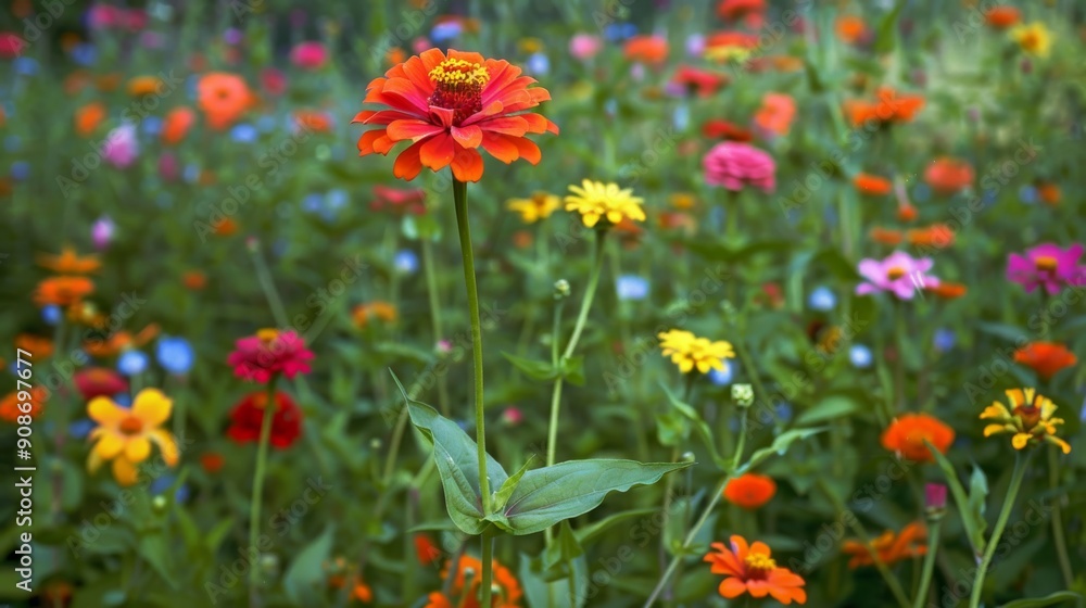 Serene Zinnia Standing Amid Vibrant Wildflowers in a Sunlit Meadow Serene Zinnia Standing Amid Vibrant Wildflowers in a Sunlit Meadow