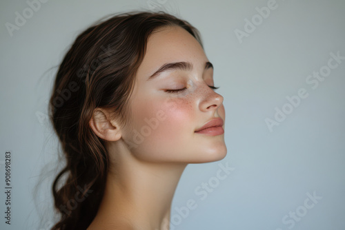 A close up of a girl's face with her eyes closed