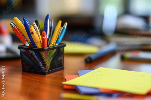 Capture the essence of a busy workday by photographing a cluttered desk filled with colorful pens and a prominent yellow office note with sticky note paper in the foreground, highl photo