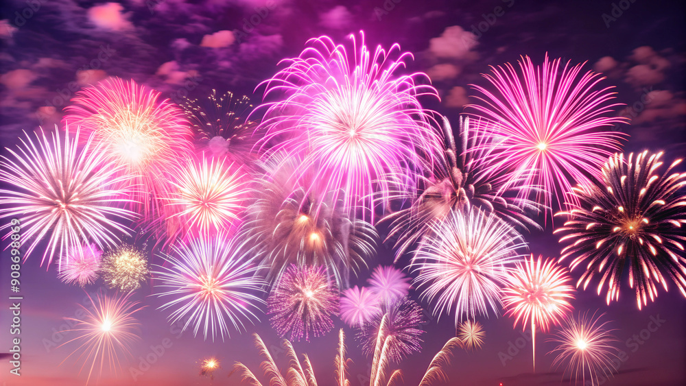 Fototapeta premium Bright Multicolored Fireworks Burst Against Night Sky, Festive Display