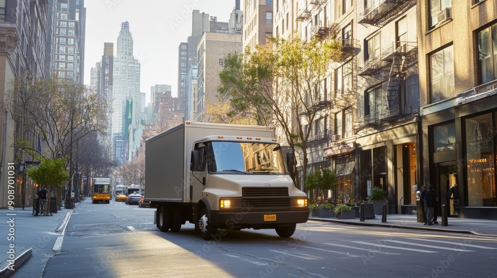 Fototapeta premium A medium-sized delivery truck navigating through an urban area