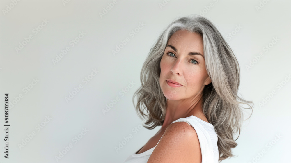 Mature woman with silver hair in white top posing against a light background. Concepts of aging gracefully, beauty, and confidence. Mature woman with silver hair in white top posing against a light background. Concepts of aging gracefully, beauty, and confidence.