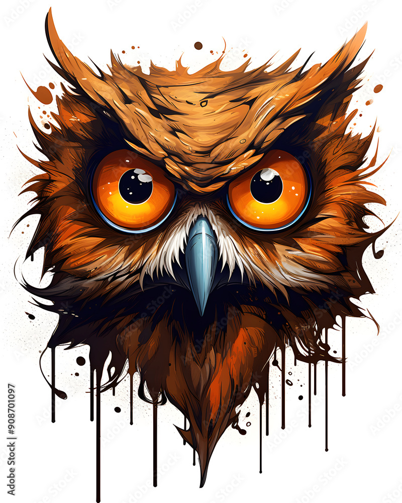 Fototapeta premium Owl Bird headfull aggressive expression lowbrow surrealist illustratration