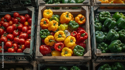 Various sweet peppers in plastic box, food storage or market photo