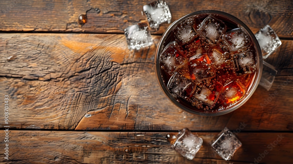 Top view of a refreshing pour of dark cola soda over ice in a transparent glass on a wooden table background with copyspace Top view of a refreshing pour of dark cola soda over ice in a transparent glass on a wooden table background with copyspace