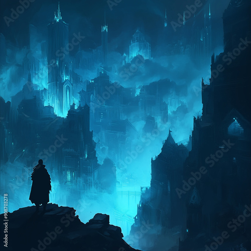 A man and blue background