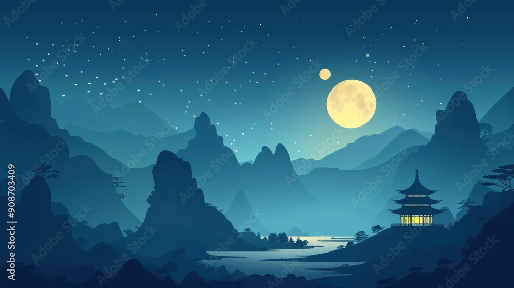 Fototapeta premium Chinese minimalism illustration, silhouette of a moonlit night with stars, flat illustration Chinese illustration on soft midnight blue background, night setting, empty copy space