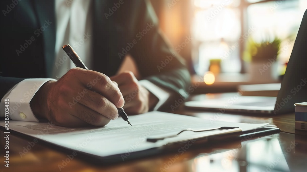 Man writing at the desk and signing paper, close up Man writing at the desk and signing paper, close up
