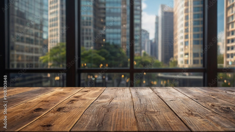 Empty wood table top and blur glass window wall with city tower office building in office room working company corporate Empty wood table top and blur glass window wall with city tower office building in office room working company corporate