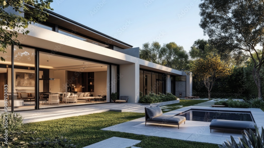 3D rendered image of a stylish modern home with a seamless indoor-outdoor living area. 3D rendered image of a stylish modern home with a seamless indoor-outdoor living area.