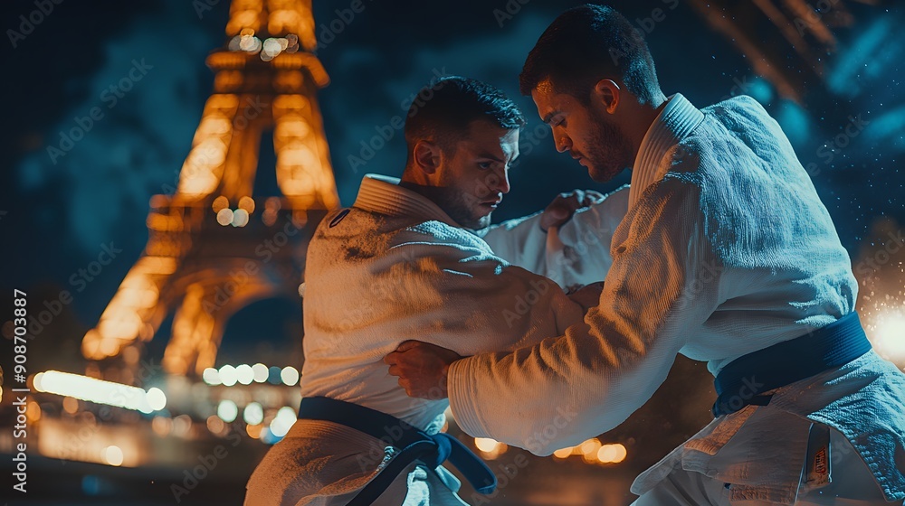 Judo athletes in a throw, intense movement, Eiffel Tower in the background, indoor lighting, bold and impactful style, determined mood Judo athletes in a throw, intense movement, Eiffel Tower in the background, indoor lighting, bold and impactful style, determined mood