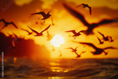 Flock of birds flying sunset
