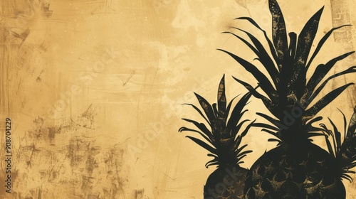 Chinese minimalism illustration, silhouette of a pineapple plant with pineapples, flat illustration Chinese illustration on soft gold background, tropical setting, empty copy space.