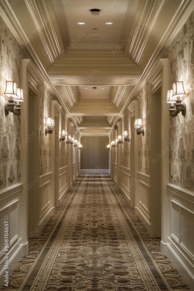 Symmetrical Hotel Corridor. A luxurious, symmetrical hallway with plush carpeting, elegant wallpaper, and evenly spaced doors. Soft lighting from wall sconces creates a warm and inviting atmosphere. Symmetrical Hotel Corridor. A luxurious, symmetrical hallway with plush carpeting, elegant wallpaper, and evenly spaced doors. Soft lighting from wall sconces creates a warm and inviting atmosphere.