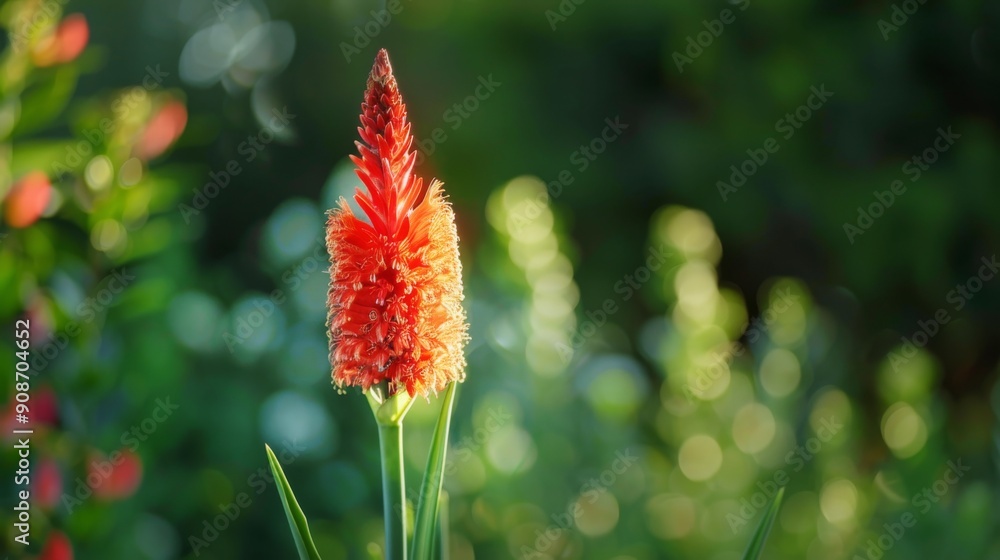 Serene Beauty: Lone Kniphofia Flower Blooming in a Vibrant Summer Garden Serene Beauty: Lone Kniphofia Flower Blooming in a Vibrant Summer Garden