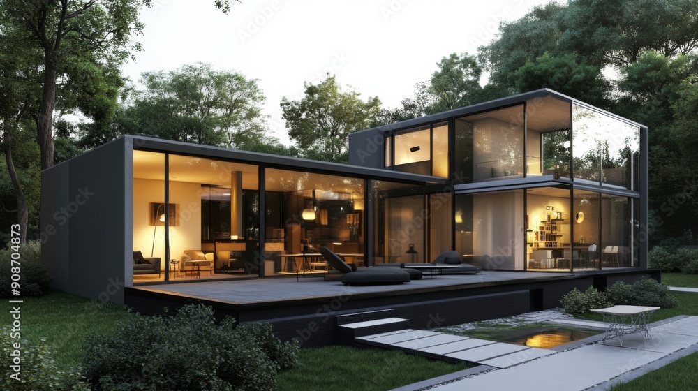 3D rendering of a chic modern house with a glass facade and sleek interior design. 3D rendering of a chic modern house with a glass facade and sleek interior design.